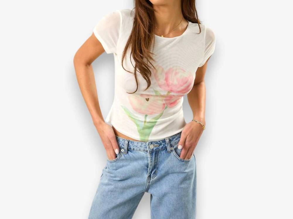 NEW SUNDAY EDITION flower graphic mesh top in pink/ off white